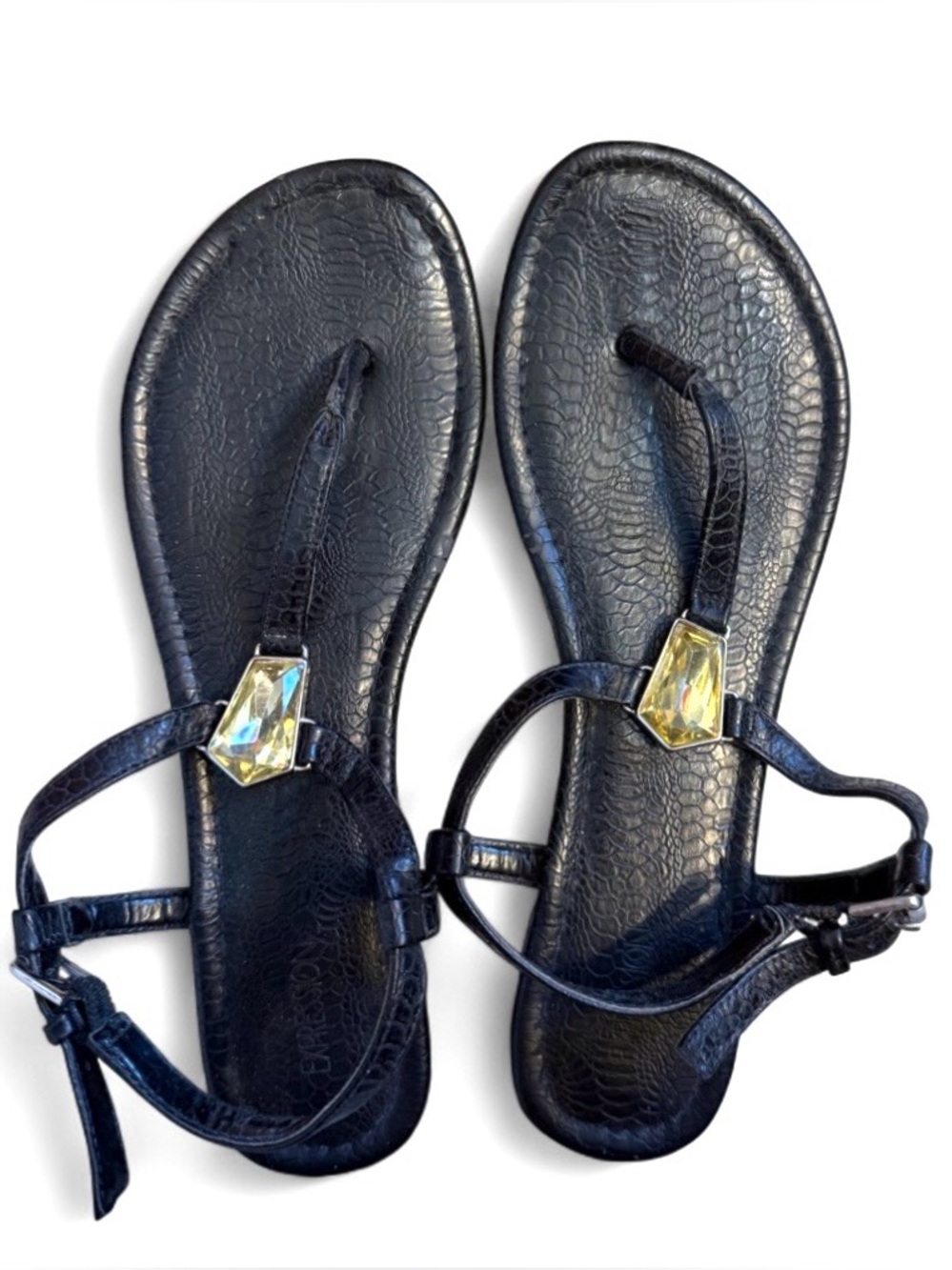 Black T-Strap Sandal with Gem, Size 8